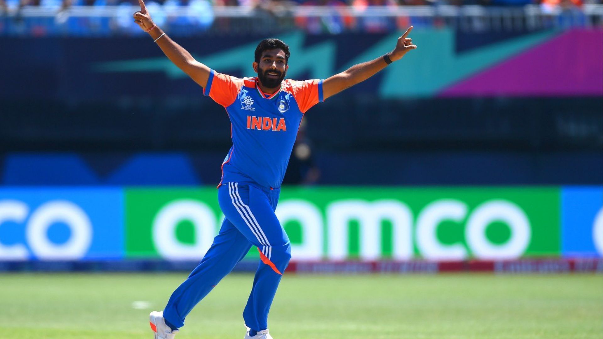 Jasprit Bumrah celebrates picking a wicket against Pakistan. 