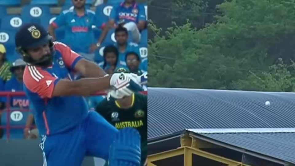 Rohit Sharma sent a ball from Pat Cummins on the roof (Image: Instagram/ICC)