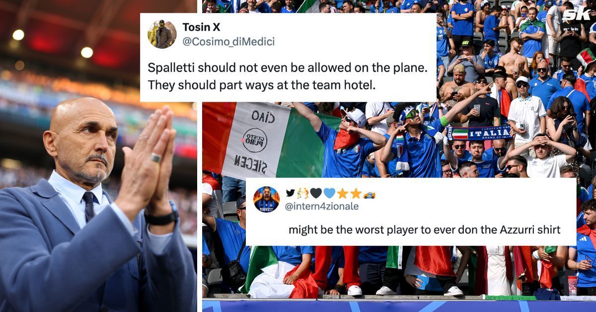 Fans react to Italy&rsquo;s limp Euro 2024 exit (Pic: TosinX/X, Intern4zionale/X)