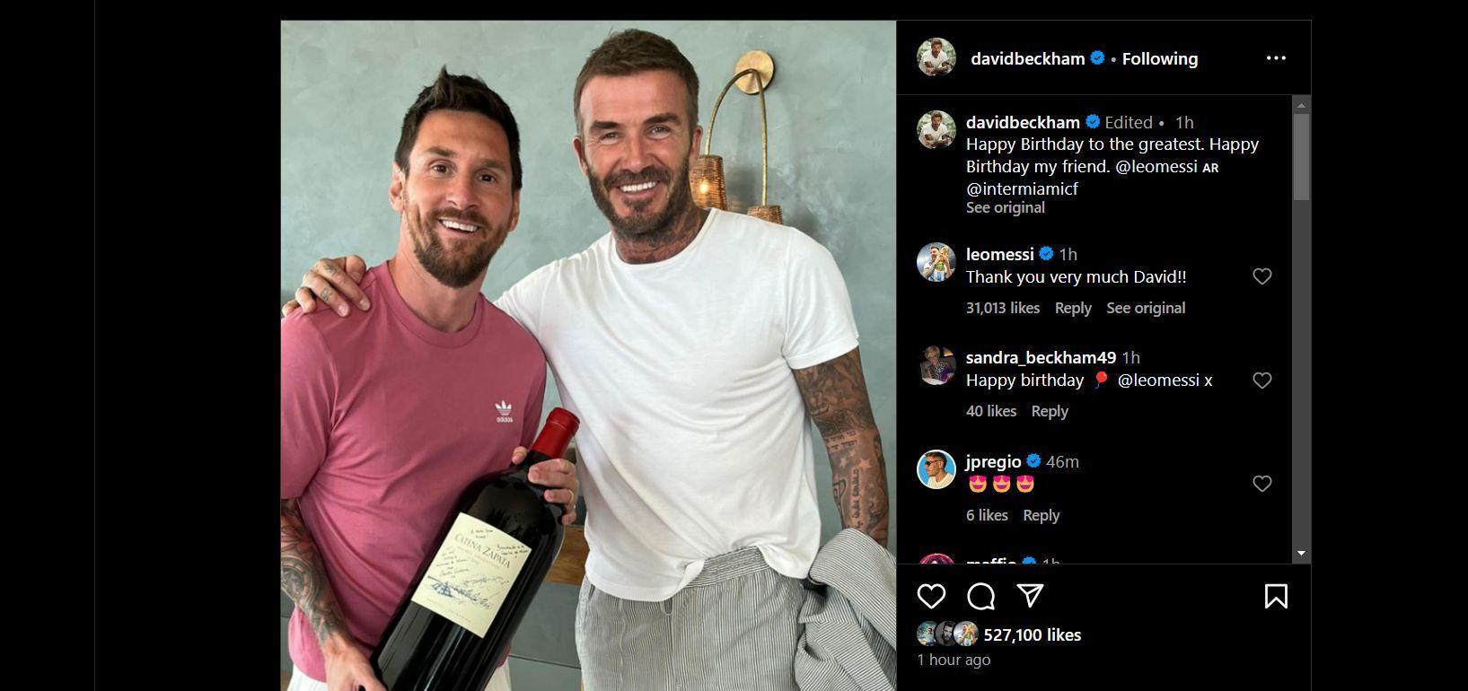 David Beckham (right) wishes Lionel Messi on his birthday (Pic: David Beckham Instagram)