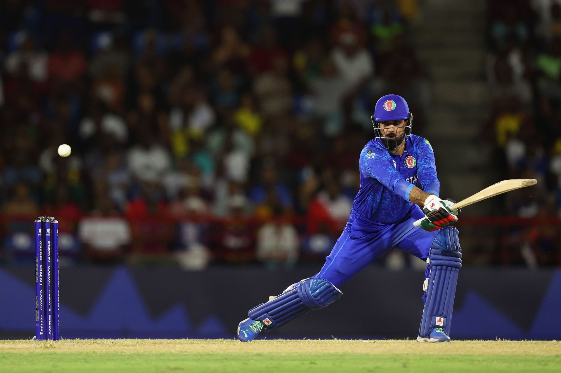 Mohammad Nabi of Afghanistan bats during the ICC Men&#039;s T20 Cricket World Cup West Indies &amp; USA 2024 match between West Indies and Afghanistan at Daren Sammy National Cricket Stadium on June 17, 2024 in Gros Islet, Saint Lucia. (Photo by Robert Cianflone/Getty Images).