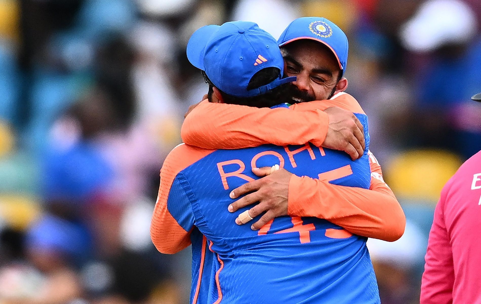 Virat Kohli and Rohit Sharma share an emotional hug. (Image Credit: ICC/ X)