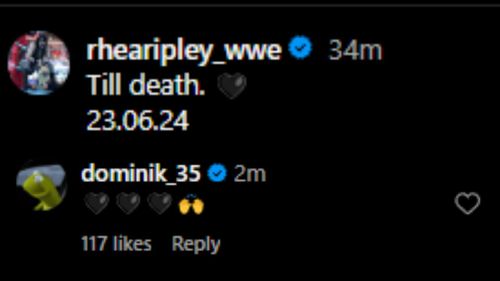 Rhea Ripley's caption (above) stated that the marriage was on June 23; Dominik Mysterio (below) has now reacted. [Image via Rhea's Instagram]