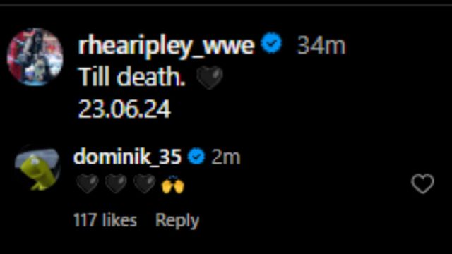 Rhea Ripley&#039;s caption (above) stated that the marriage was on June 23; Dominik Mysterio (below) has now reacted. [Image via Rhea&#039;s Instagram]