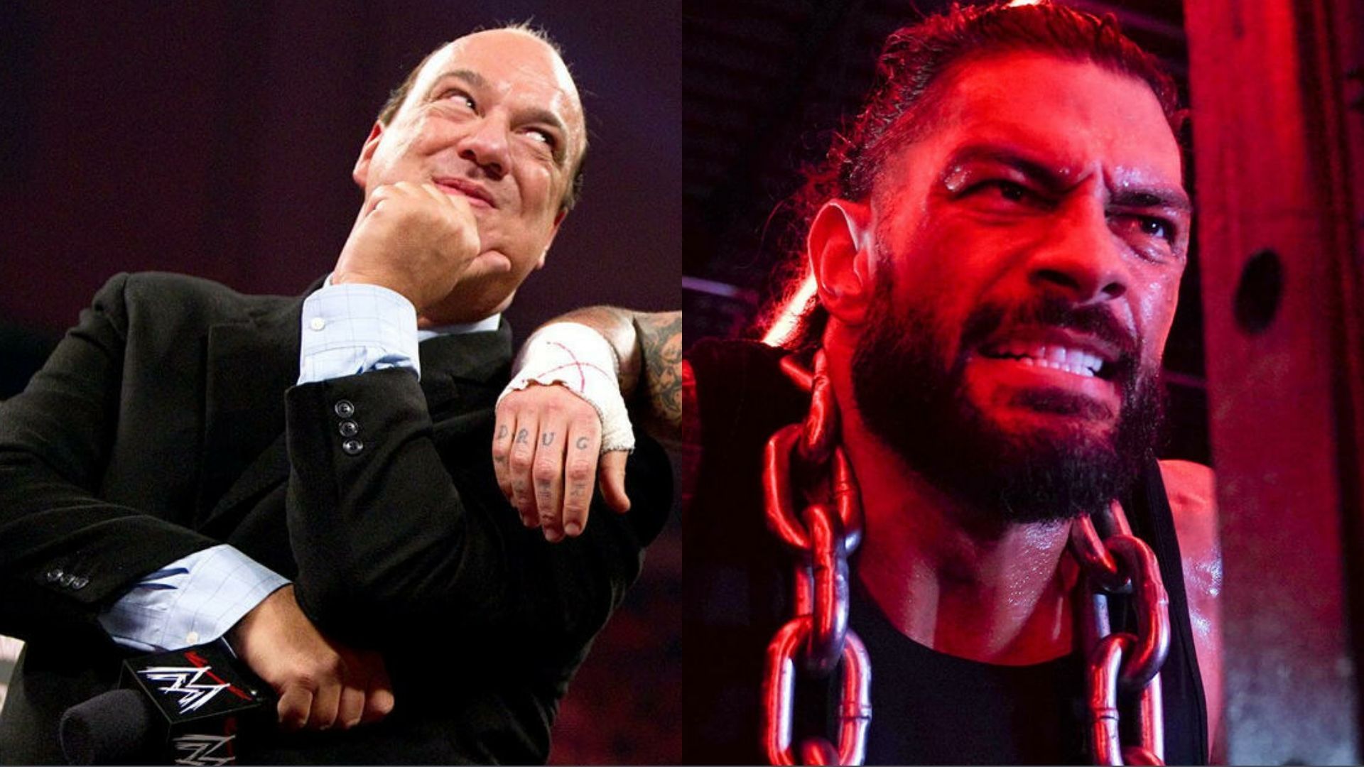 Paul Heyman (left); Roman Reigns (right)