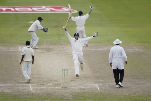 Marcus Trescothick and Michael Vaughan of England celebrate victory