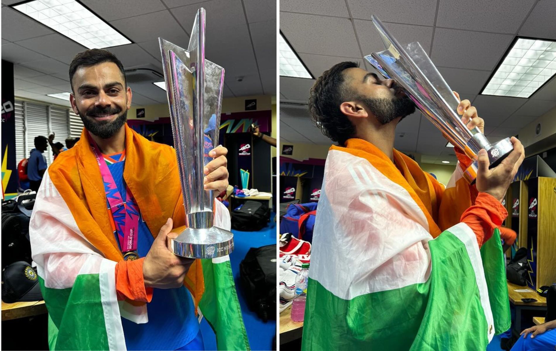 Virat Kohli with the 2024 T20 World Cup trophy. 