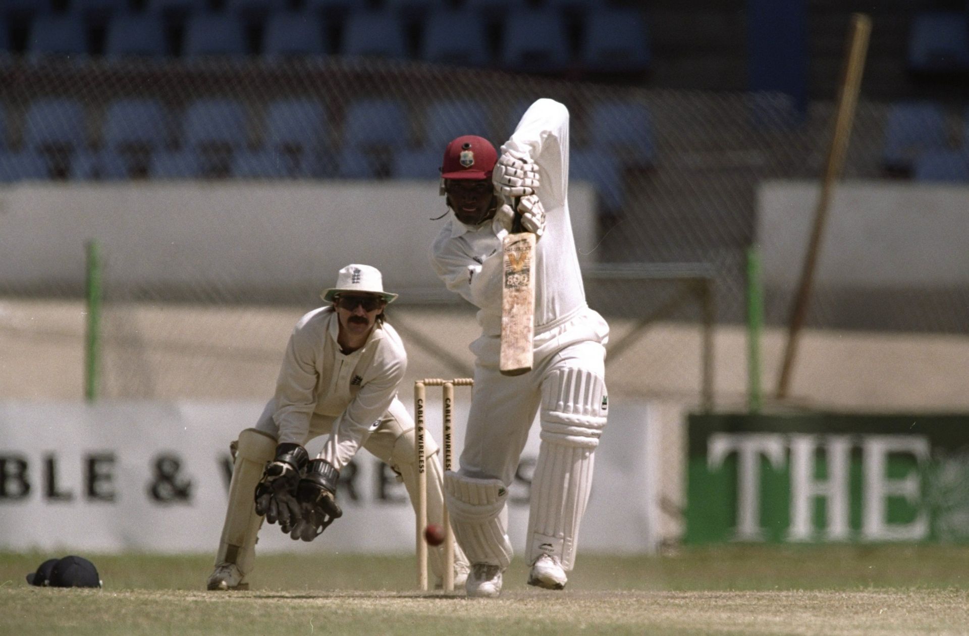 9 Feb 1998: Carl Hooper of the West Indies plays straight during the Second Test against England at the Queens Park Oval in Port of Spain, Trinidad. West Indies won by three wickets. \ Mandatory Credit: Laurence Griffiths /Allsport