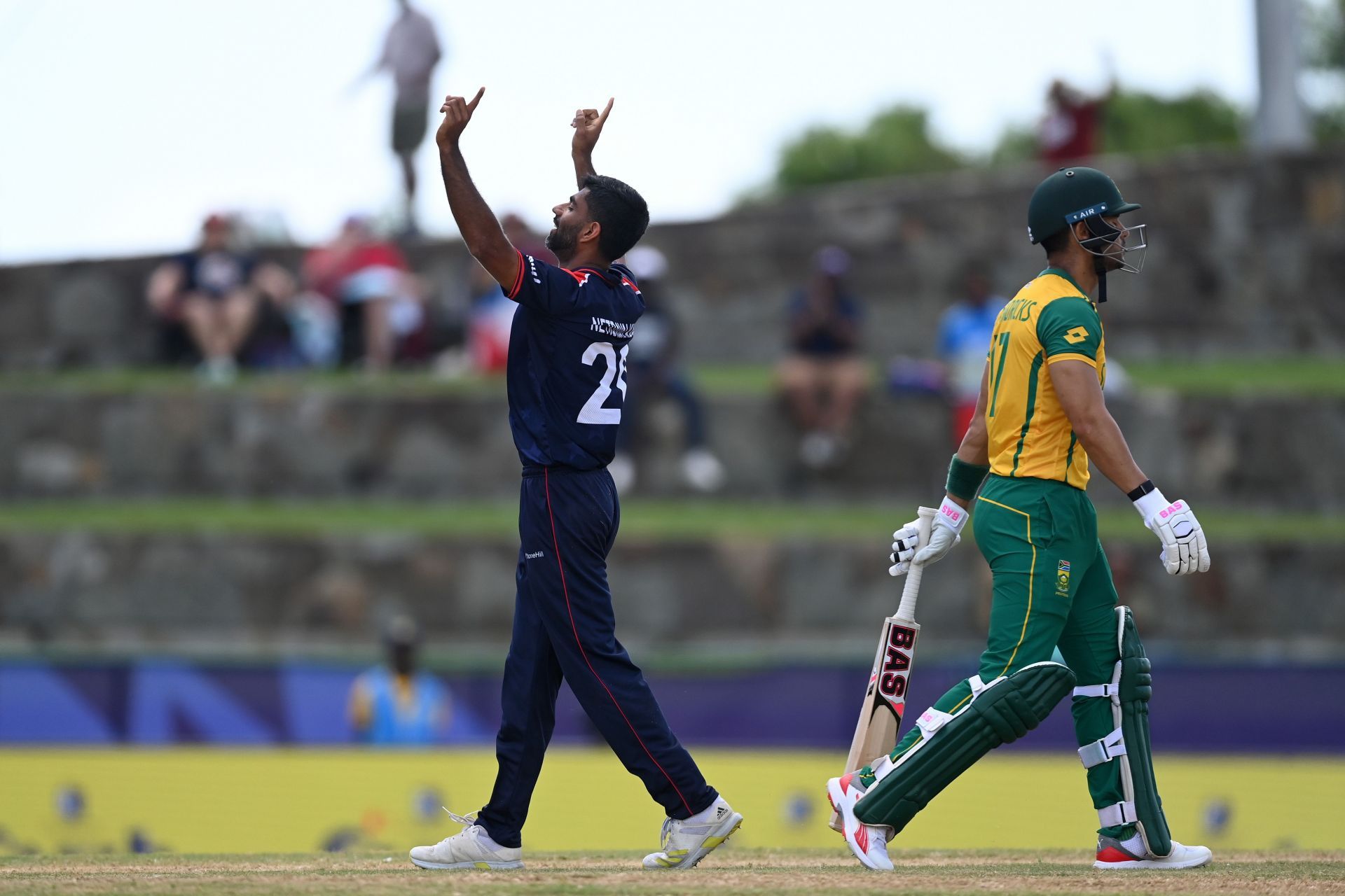 Saurabh Netravalkar in the match between USA and South Africa at Sir Vivian Richards Stadium on June 19, 2024 in Antigua, Antigua and Barbuda. (Photo by Gareth Copley/Getty Images)