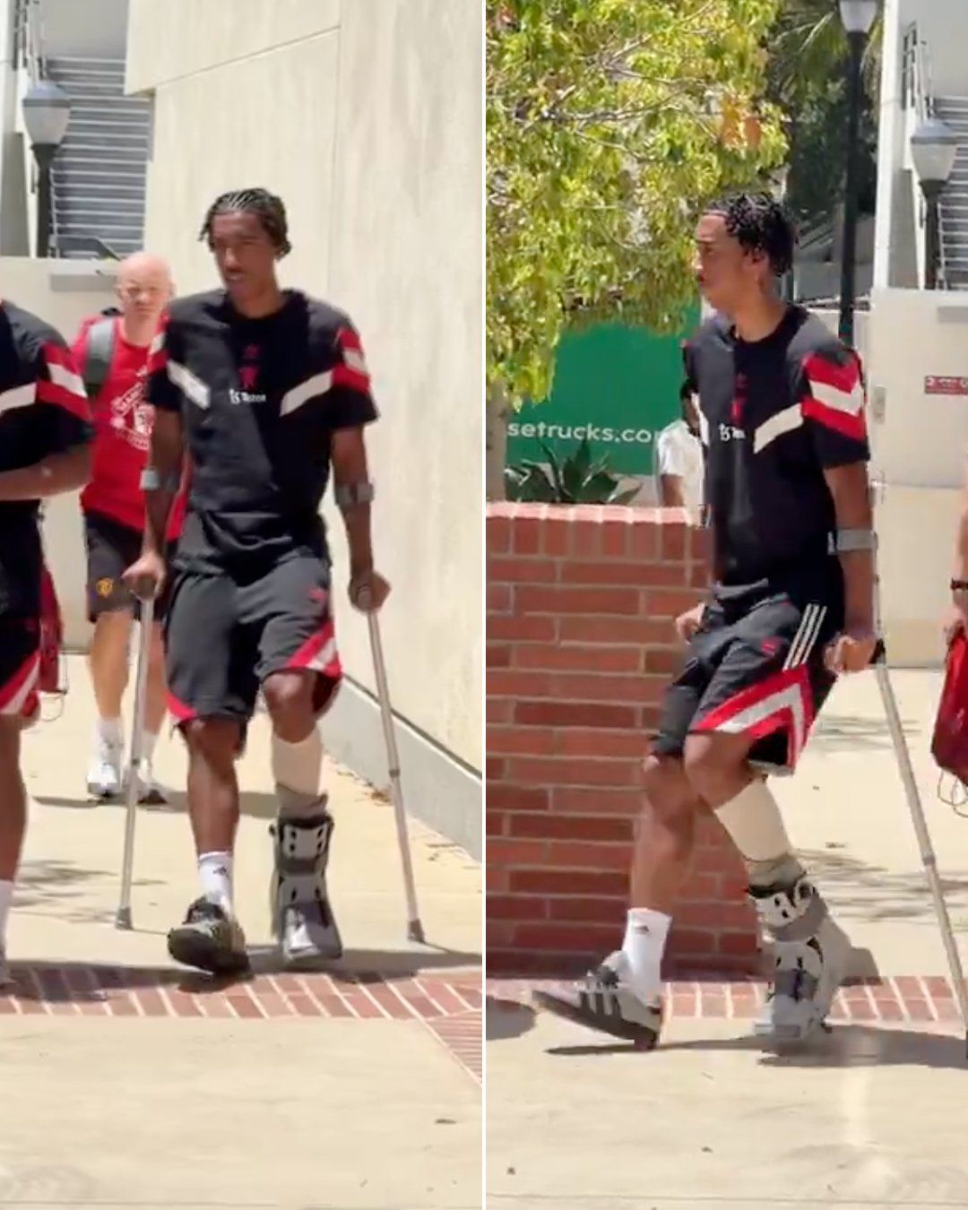 Leny Yoro spotted in crutches and a protective boot in the USA (Image source- @ESPNUK on X)