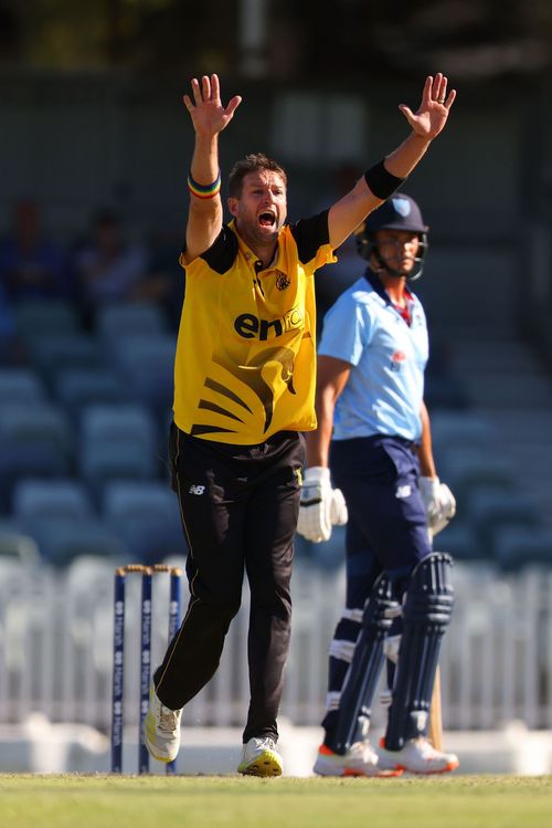 Andrew Tye of Western Australia appeals for LBW during the Marsh One Day Cup match between Western Australia and New South Wales at WACA, on February 01, 2024, in Perth, Australia. (Photo by James Worsfold/Getty Images)