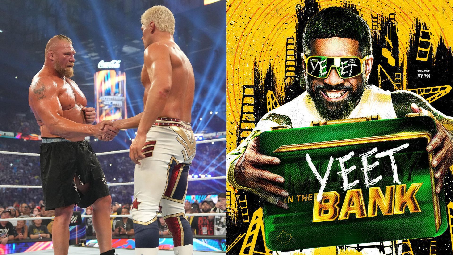 (L) Brock Lesnar and Cody Rhodes from SummerSlam 2023, (R) Jey Uso on the official Money in the Bank poster.