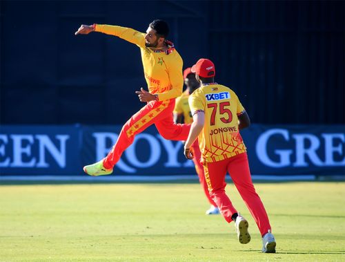 Sikandar Raza leaps in celebration. (Credits: Zimbabwe cricket Twitter)