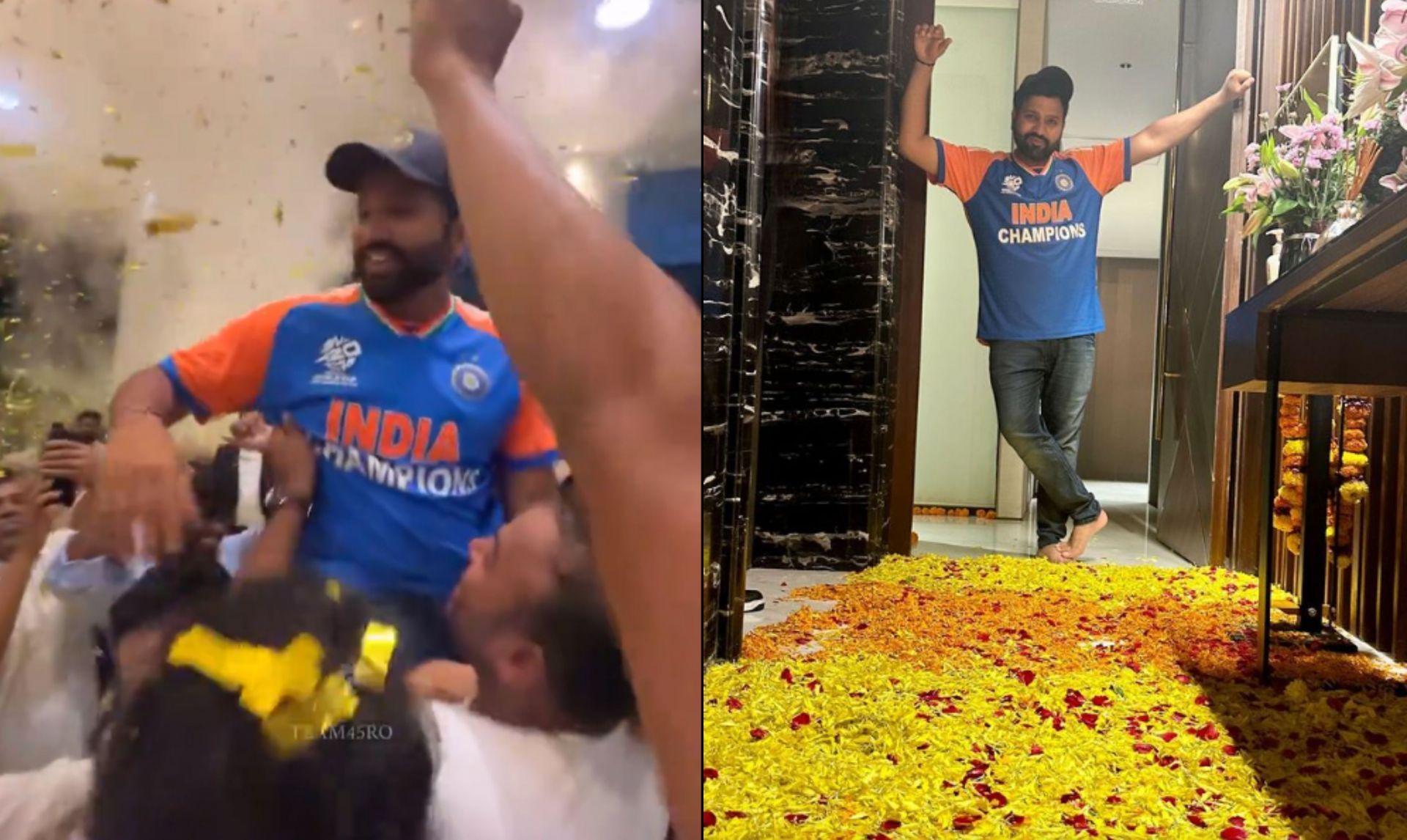 Rohit Sharma getting a warm welcome from his friends and family at home. (Image: @Team45Ro/X/Instagram)