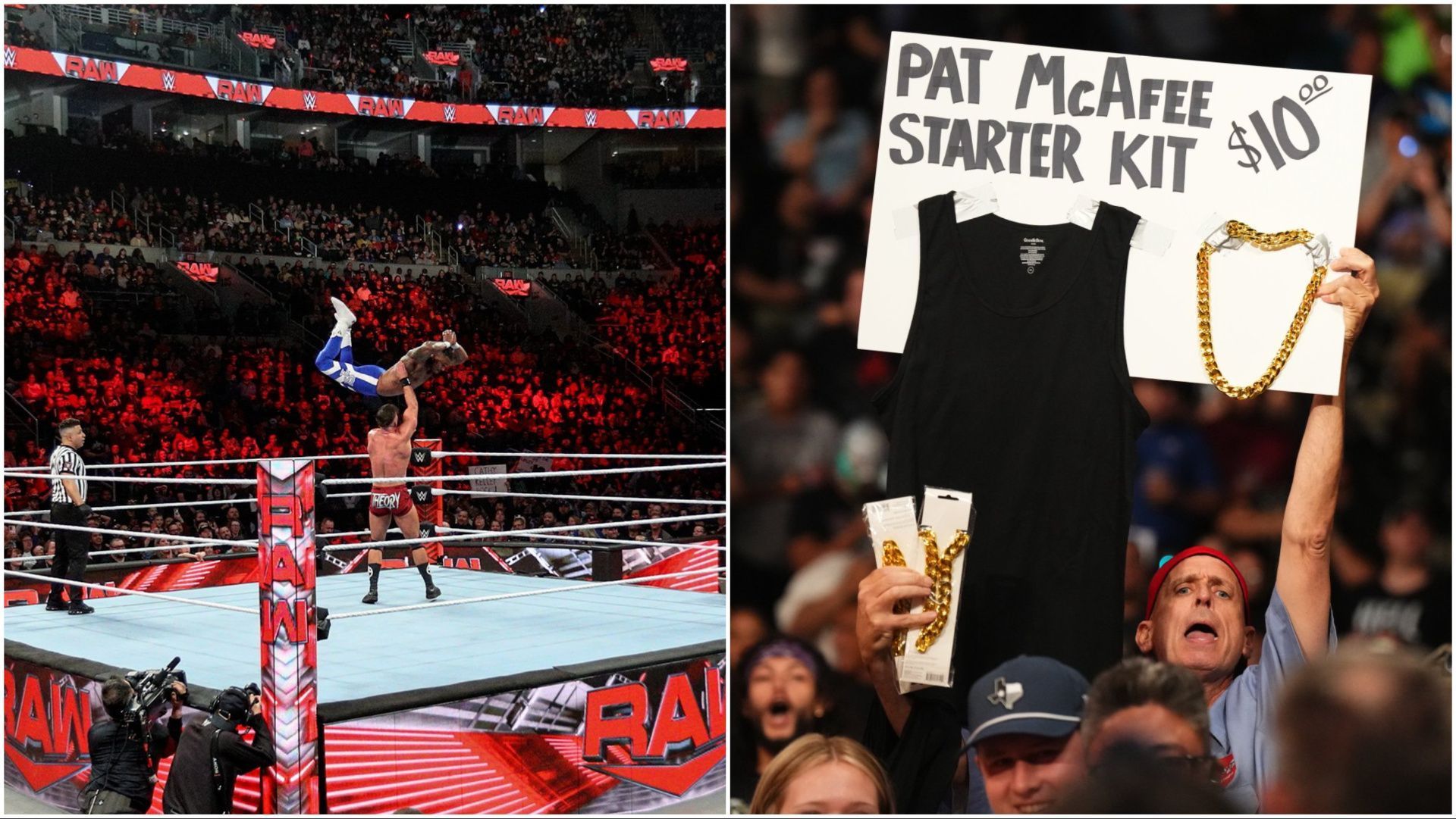 WWE Superstars in action on RAW, fan Pat McAfee in the crowd