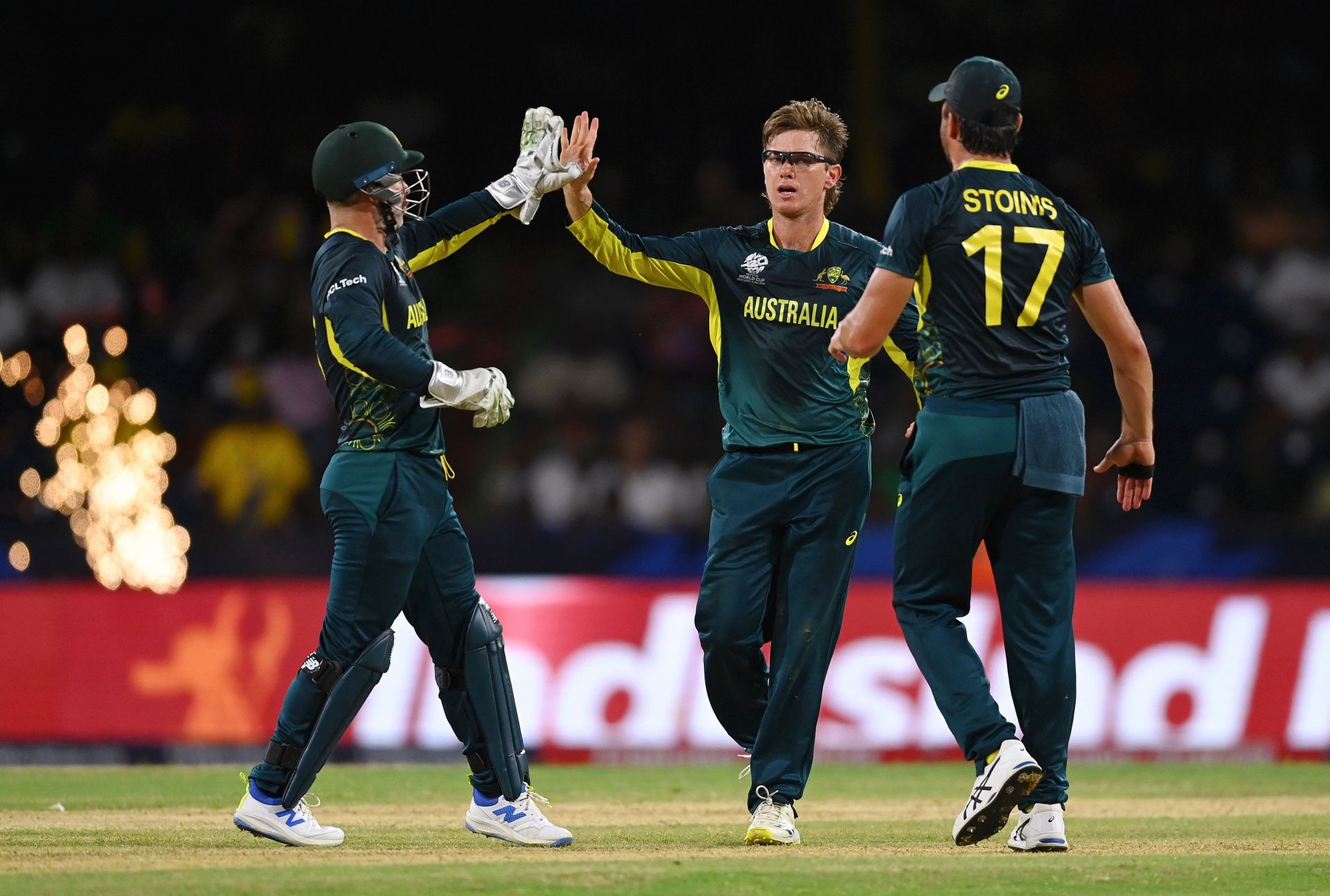 Adam Zampa of Australia celebrates in the Super Eight match between Afghanistan and Australia at Arnos Vale Ground on June 22, 2024 in St Vincent, Saint Vincent and The Grenadines. (Photo by Gareth Copley/Getty Images)