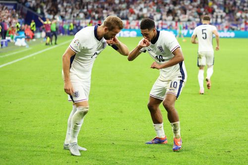 Harry Kane (left) and Jude Bellingham celebrate England's goal at Euro 2024.