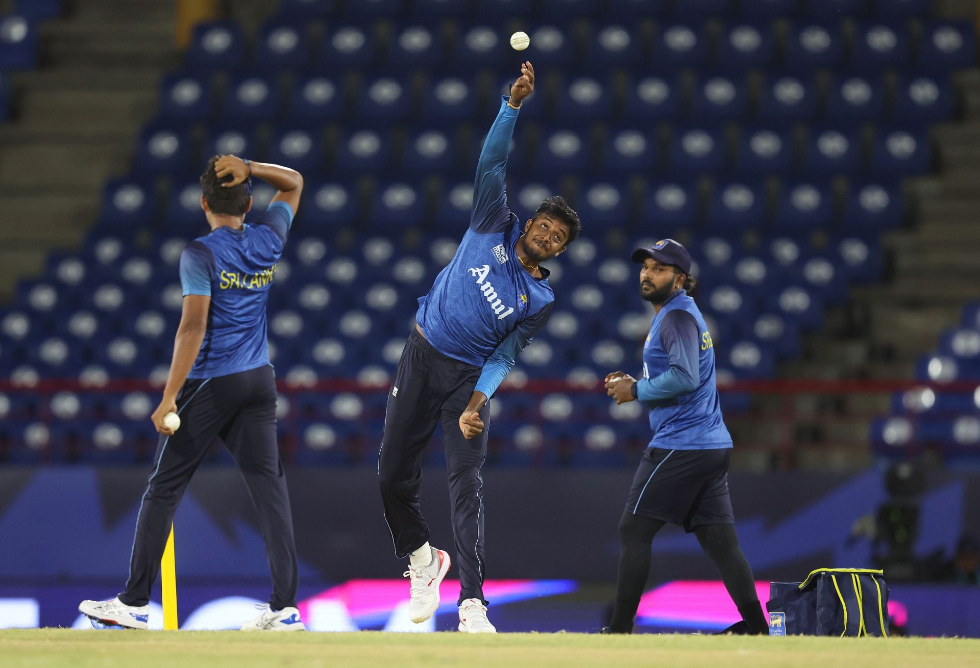 Vijayakanth Viyaskanth of Sri Lanka warms up prior to the ICC Men's T20 Cricket World Cup West Indies & USA 2024 match between Sri Lanka and Netherlands at Daren Sammy National Cricket Stadium on June 16, 2024 in Gros Islet, Saint Lucia. (Photo by Robert Cianflone/Getty Images)