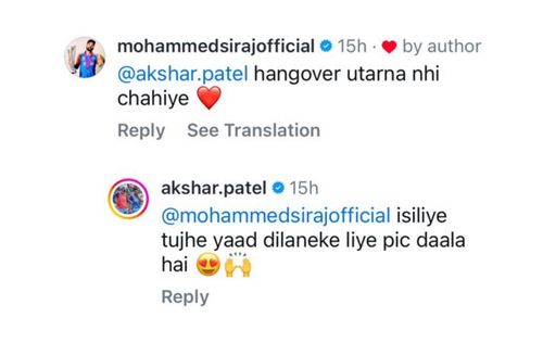 Screenshot of Mohammed Siraj's comment and Axar Patel's reply. (Image Credit: Instagram)