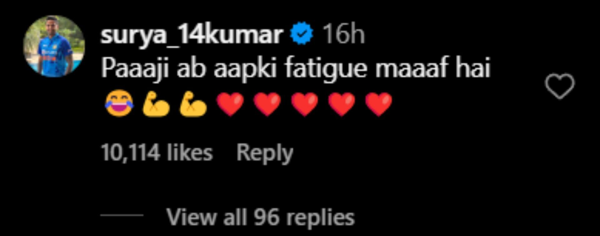 Suryakumar Yadav&#039;s reply to Arshdeep&#039;s post on Instagram.