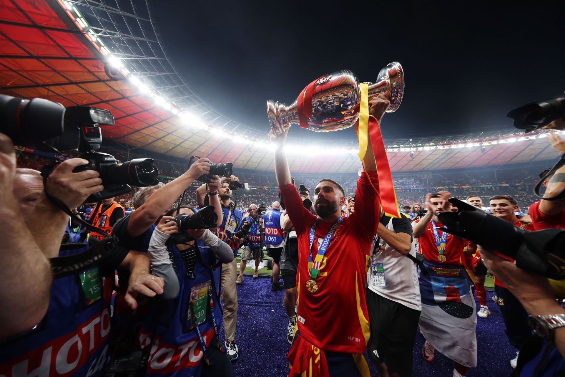 Dani Carvajal celebrates Spain&#039;s Euro 2024 triumph.