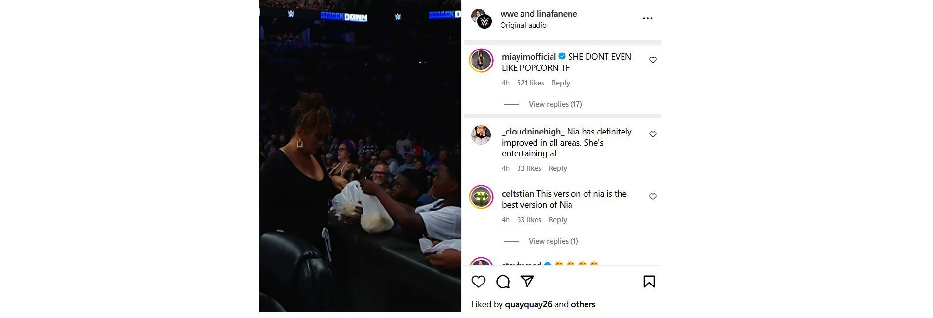 Screenshot of Mia Yim&#039;s comment on a Nia Jax video (Photo Credit: WWE on Instagram)