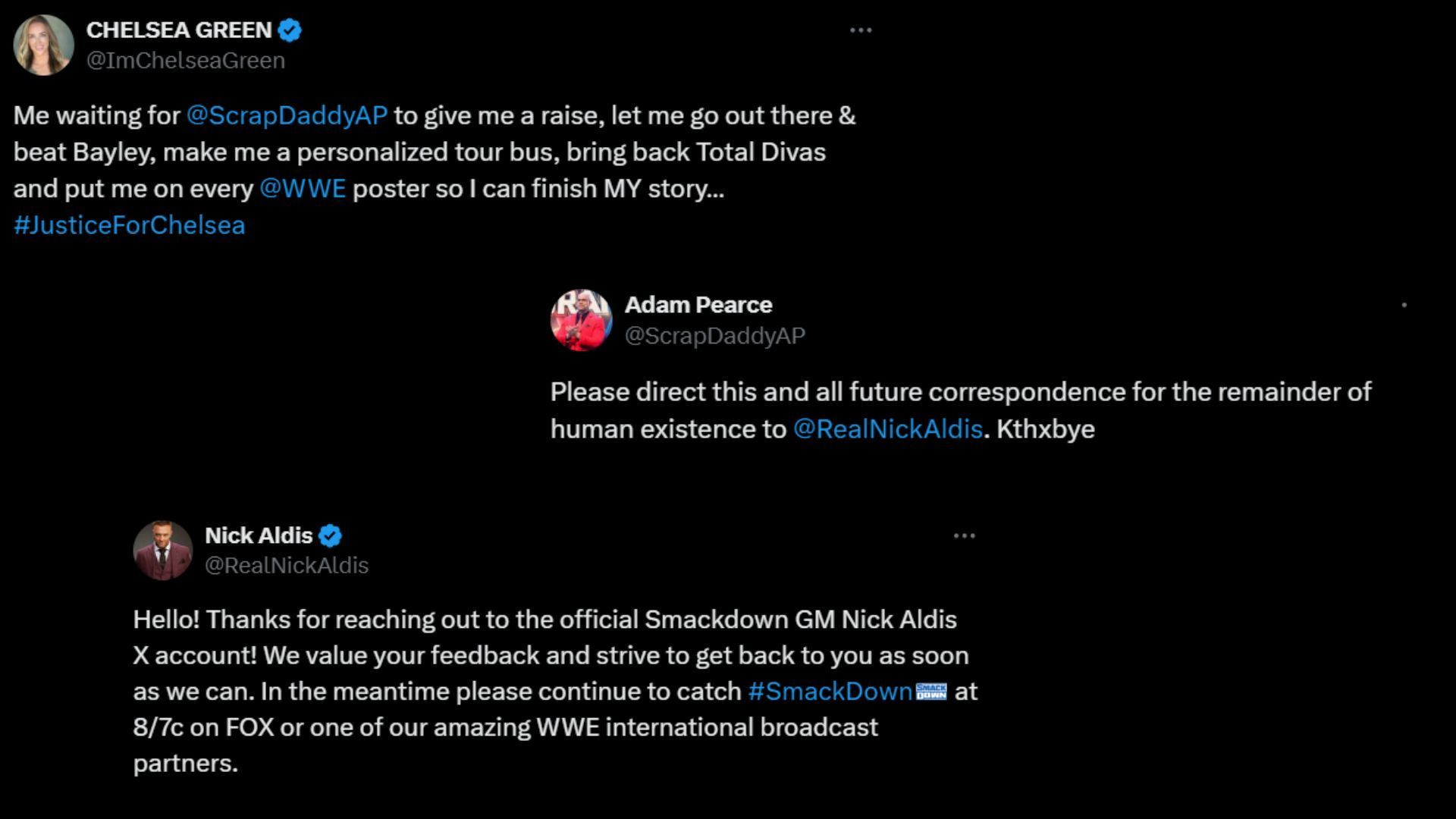 Screenshots of Chelsea Green, Adam Pearce and Nick Aldis&#039; tweets