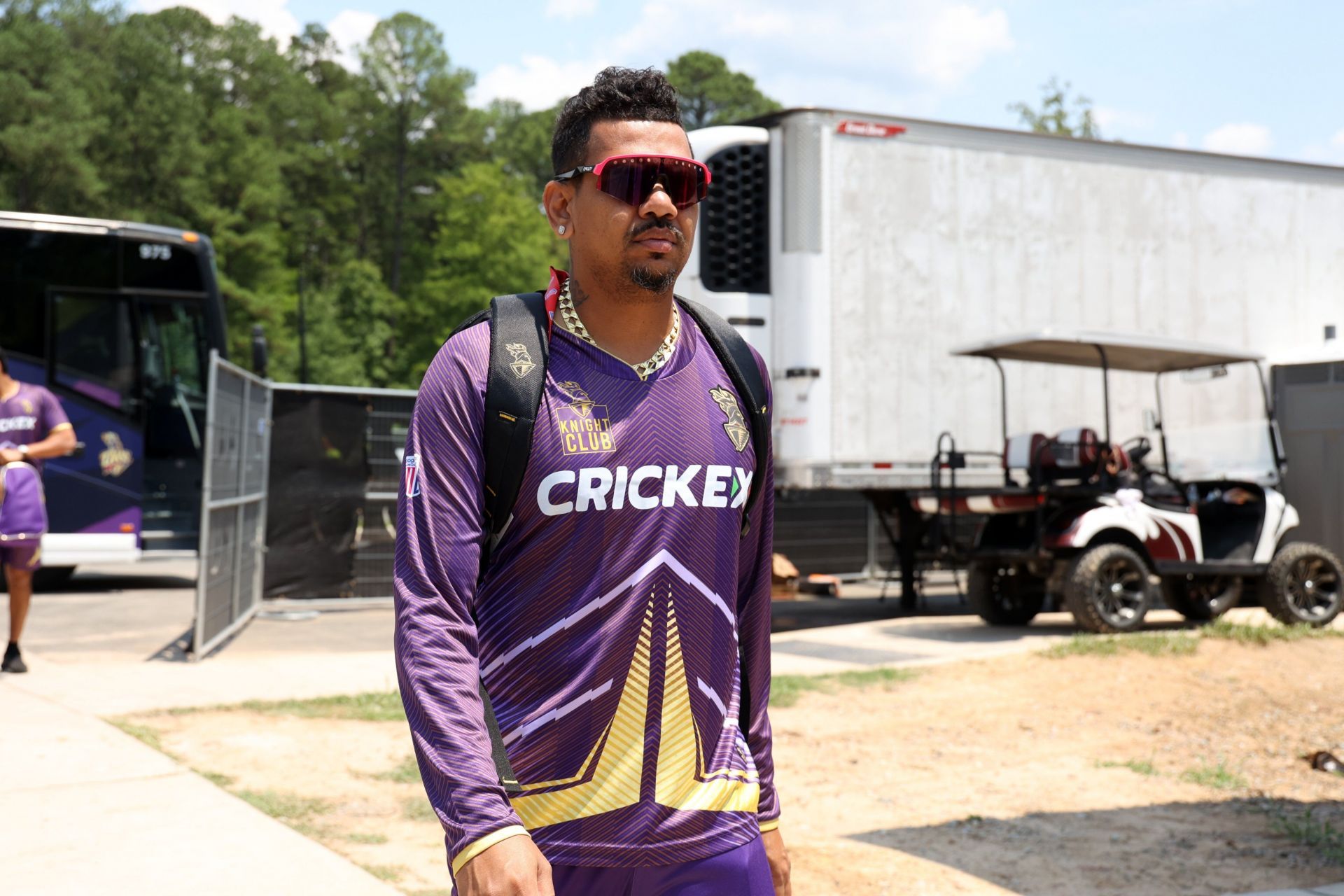 Sunil Narine arriving at the ground. [@LA_KnightRiders Twitter]