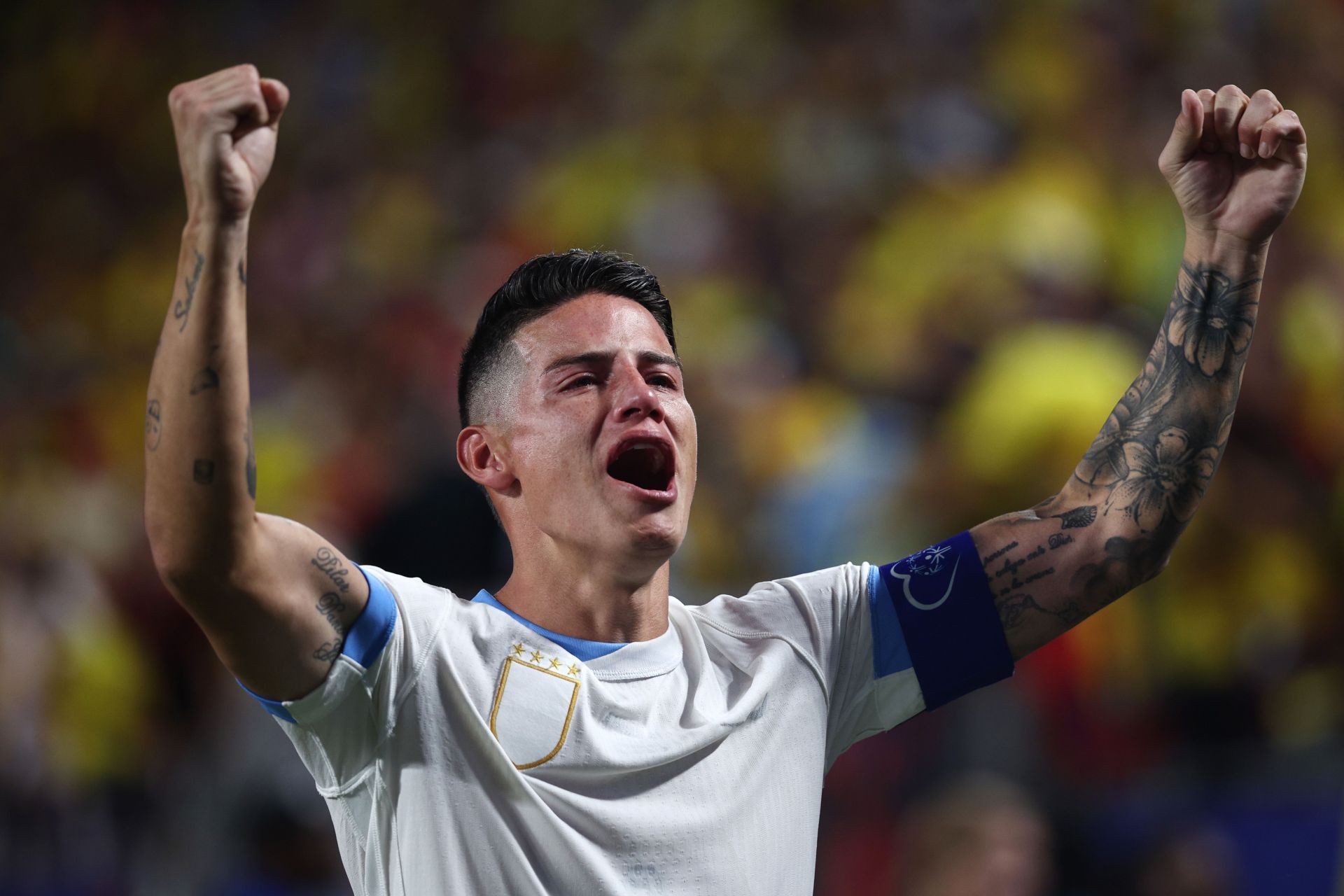 James Rodriguez exults after Colombia reach the 2024 Copa America final.