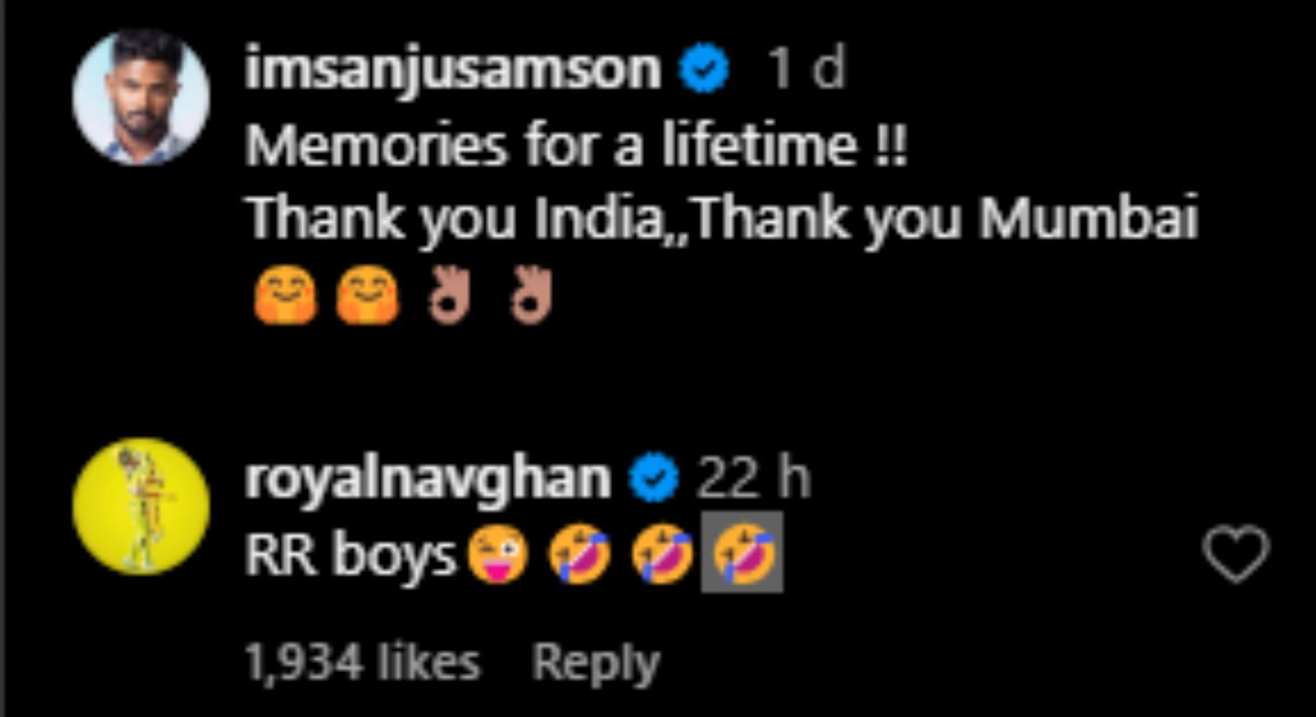 Ravindra Jadeja&#039;s reply to Sanju Samson. [Pic credits: @imsanjusamson on Instagram]