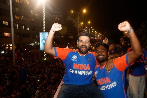 Rohit Sharma and Sanju Samson during the victory parade. (Credits: BCCI Twitter)