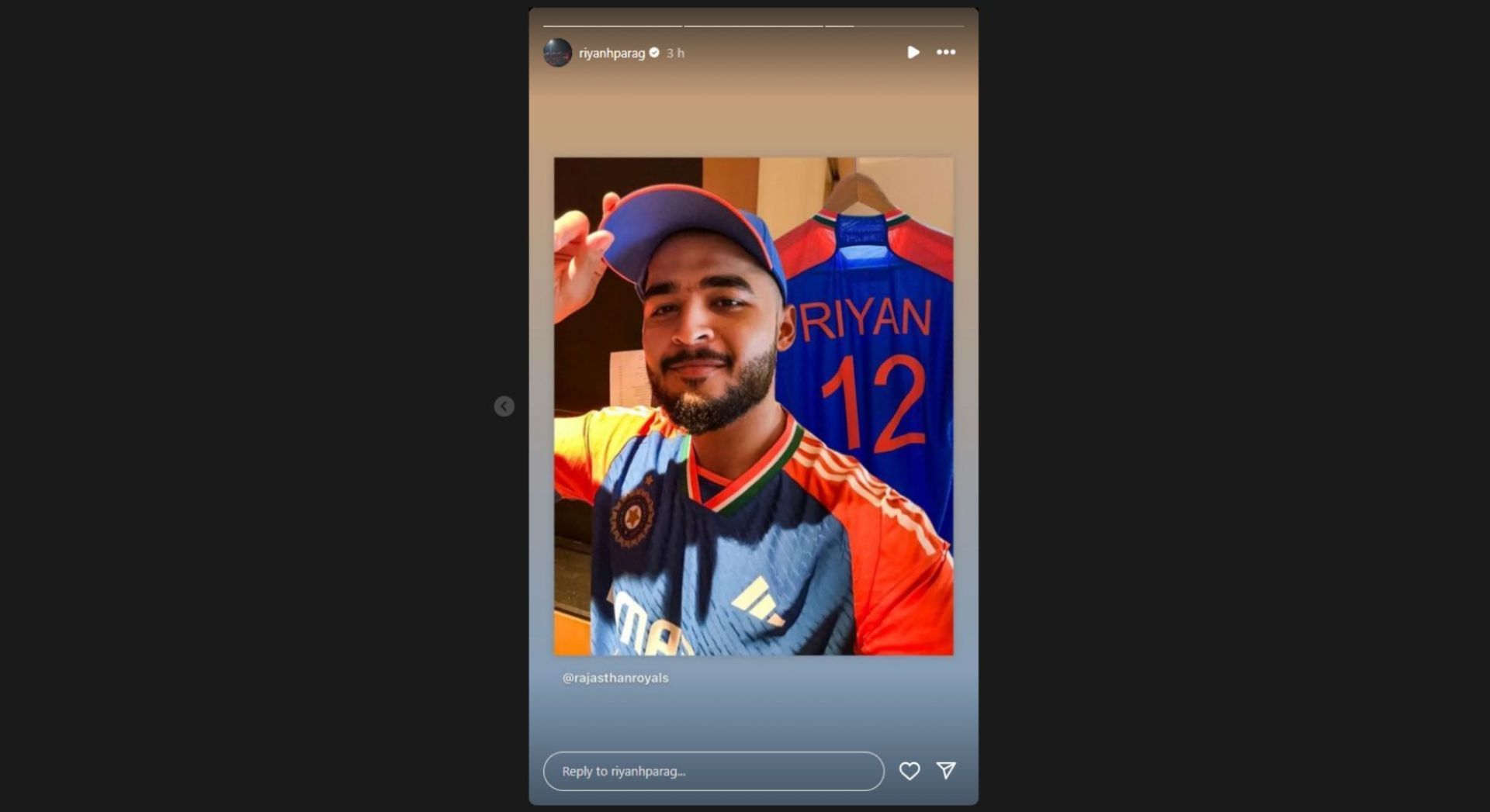 Riyan Parag posing in India&#039;s T20I jersey. [Pic credits: @riyanhparag on Instagram]