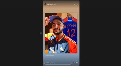 Riyan Parag posing in India's T20I jersey. [Pic credits: @riyanhparag on Instagram]