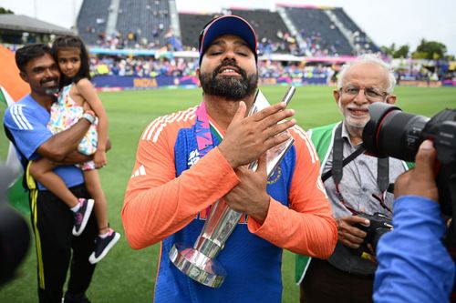 Rohit Sharma holds the 2024 T20 World Cup trophy. (Credits: Getty)