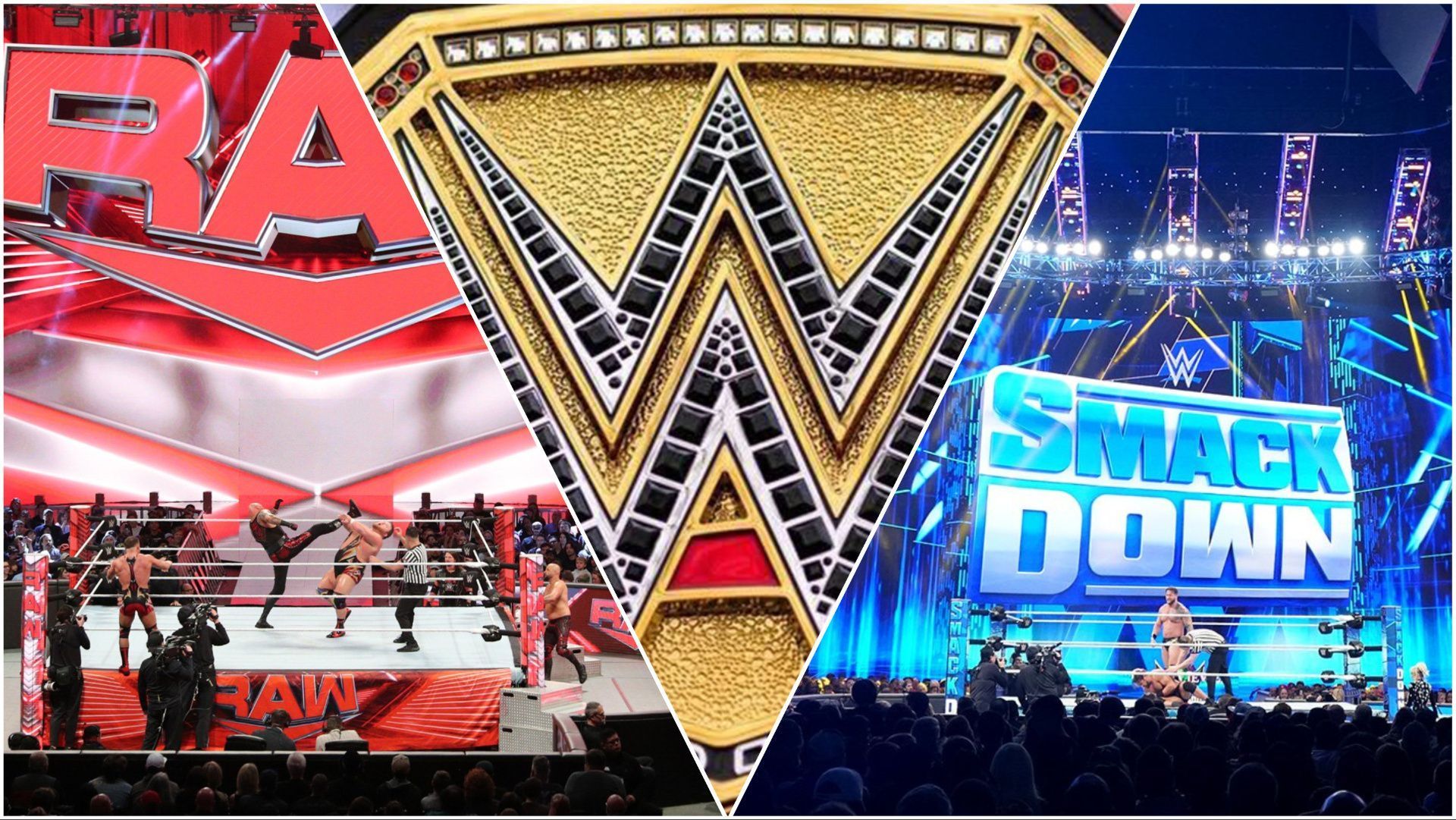 WWE Superstars in action on RAW and SmackDown, WWE championship on display