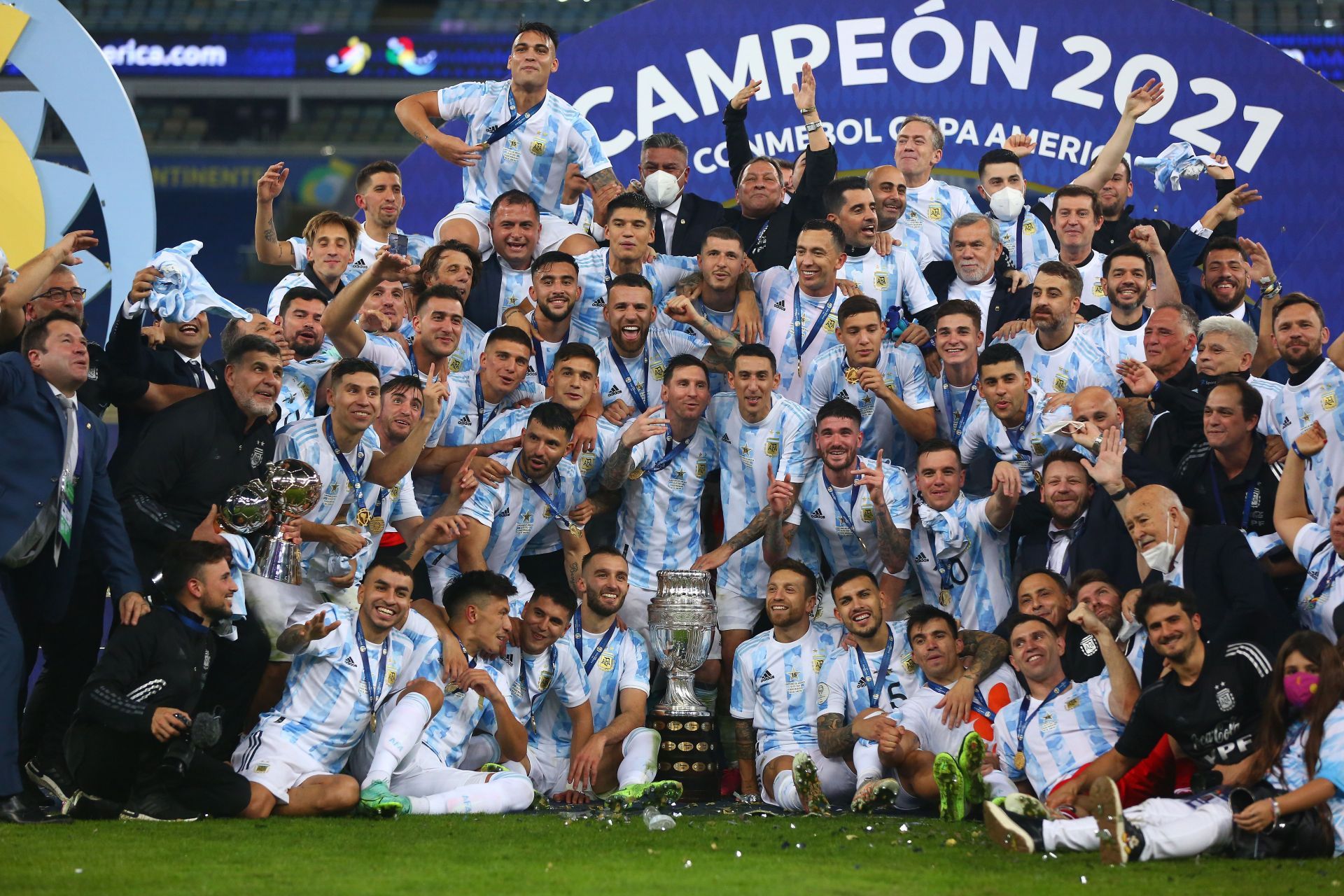 Argentina players, including Lionel Messi, celebrate their 2021 Copa America win.