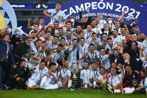 Argentina players, including Lionel Messi, celebrate their 2021 Copa America win.