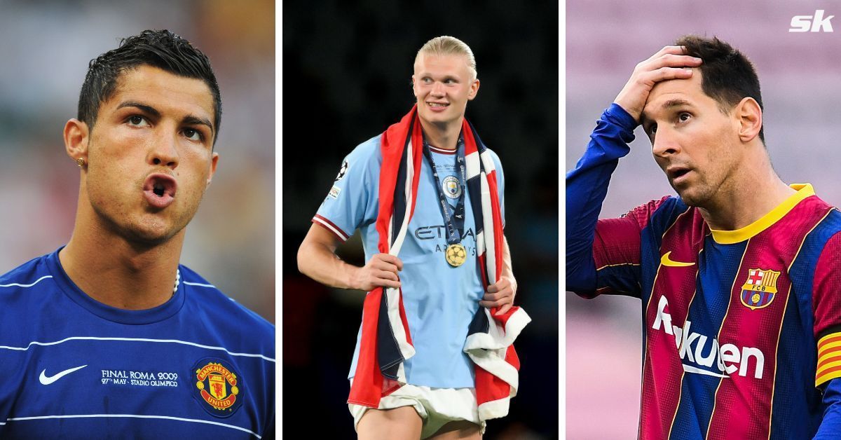 Lionel Messi, Cristiano Ronaldo and Erling Haaland (Images via Getty)