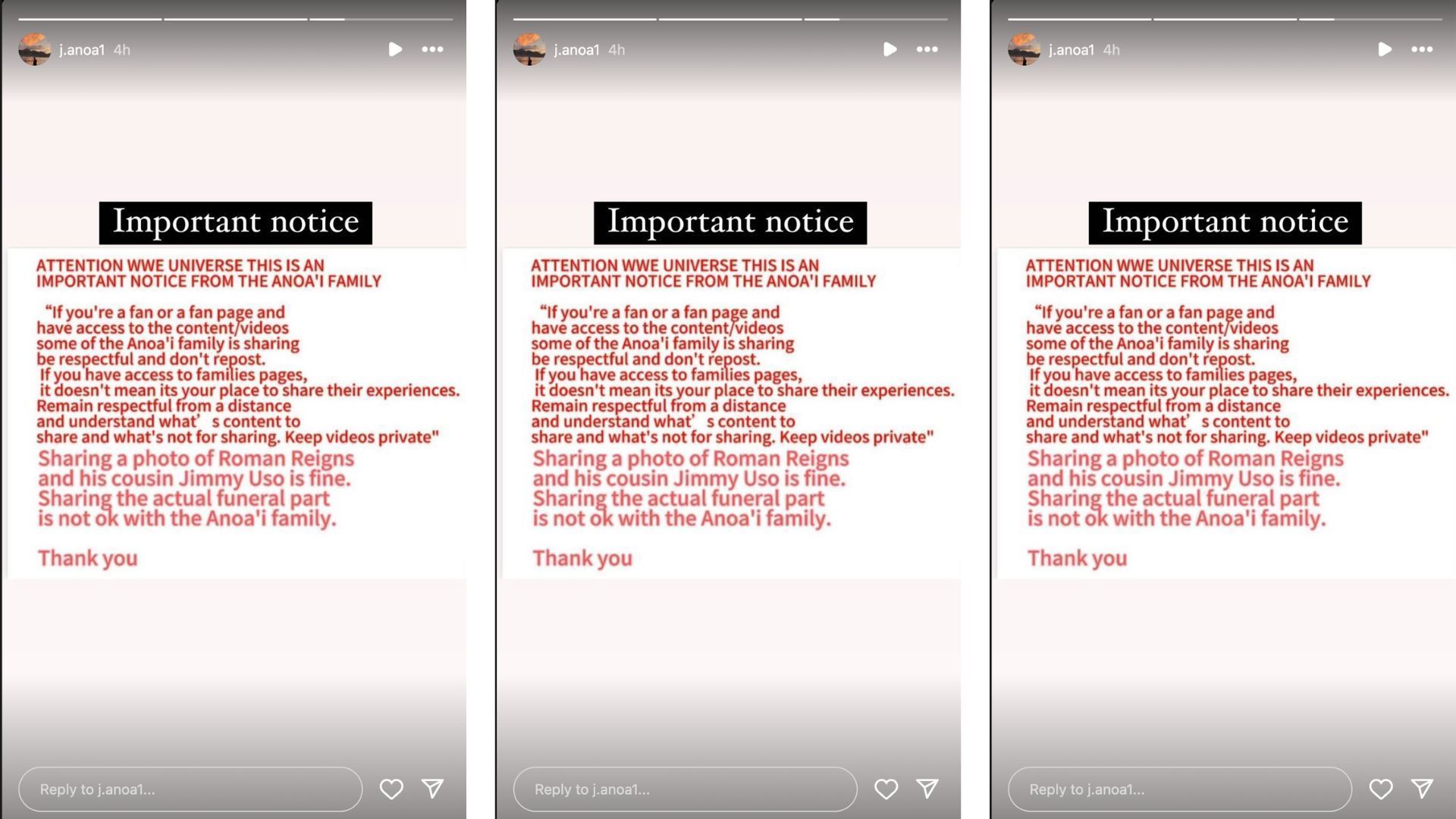 The Anoa&#039;i family has shared a statement on Instagram.[Photo Credit: Screenshot of Jahrus Tusipa Anoa&#039;i&#039;s Instagram story]