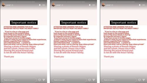 The Anoa'i family has shared a statement on Instagram.[Photo Credit: Screenshot of Jahrus Tusipa Anoa'i's Instagram story]