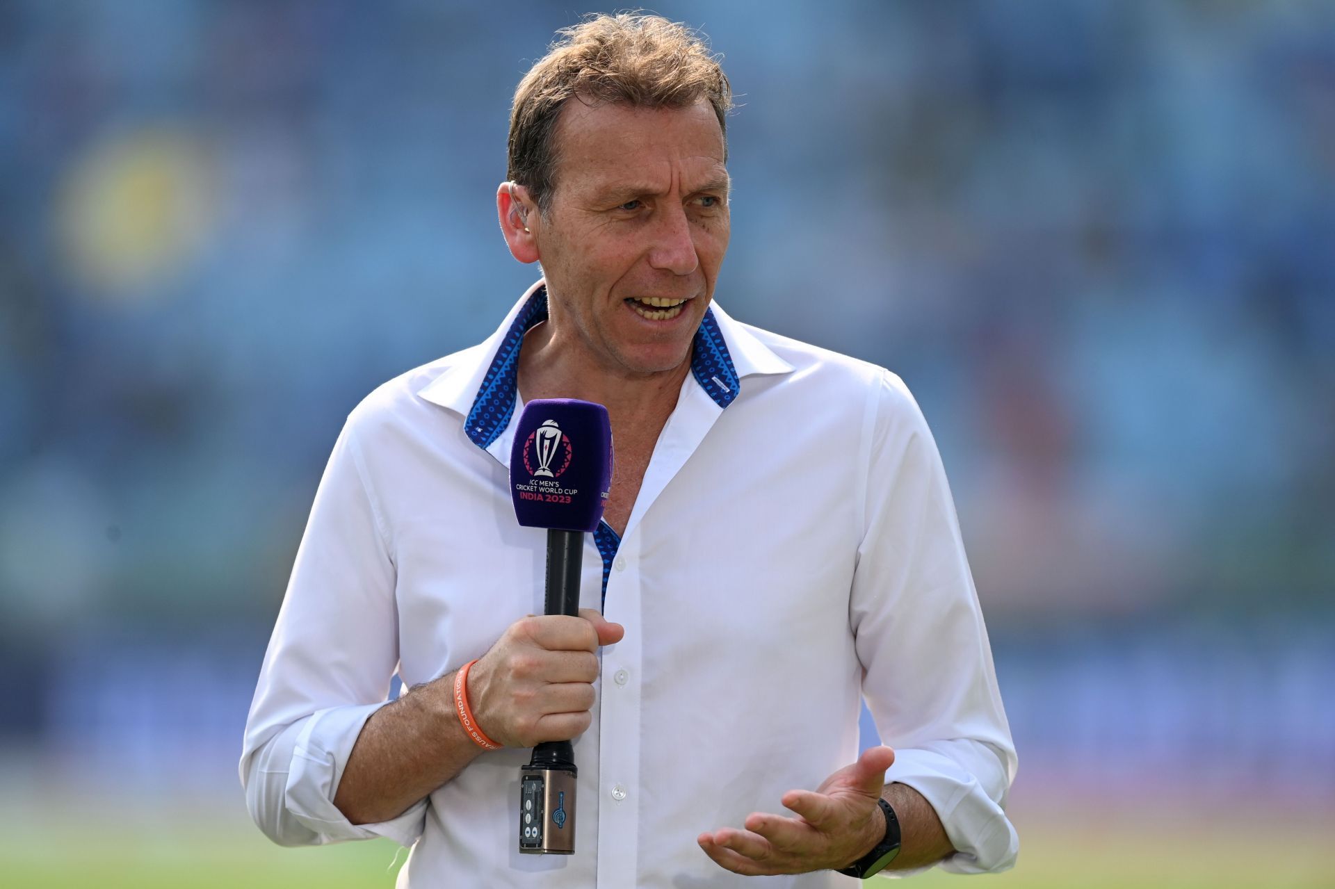 Former England captain and Sky Sports commentator Michael Atherton during the ICC Men's Cricket World Cup India 2023 between India and England at BRSABVE Cricket Stadium on October 29, 2023 in Lucknow, India. (Photo by Gareth Copley/Getty Images)