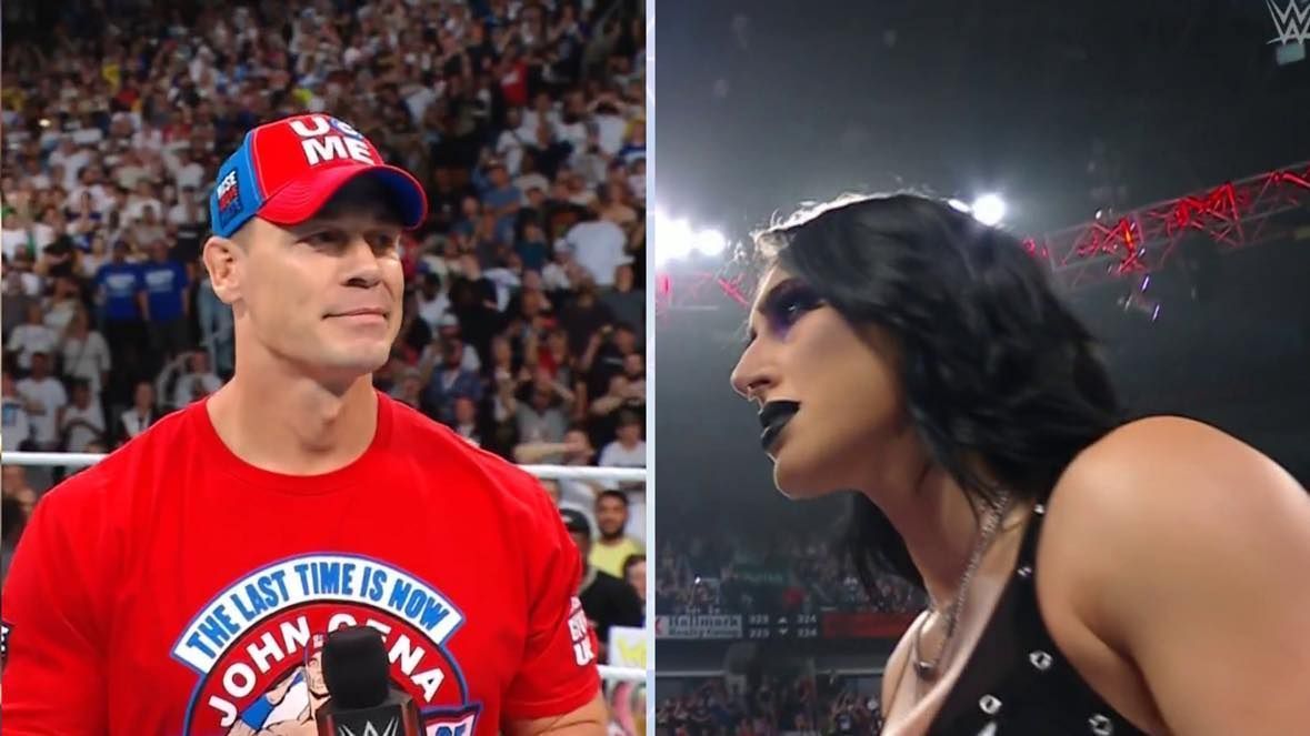 John Cena and Rhea Ripley in picture [Image credit: WWE on TNT Sports]