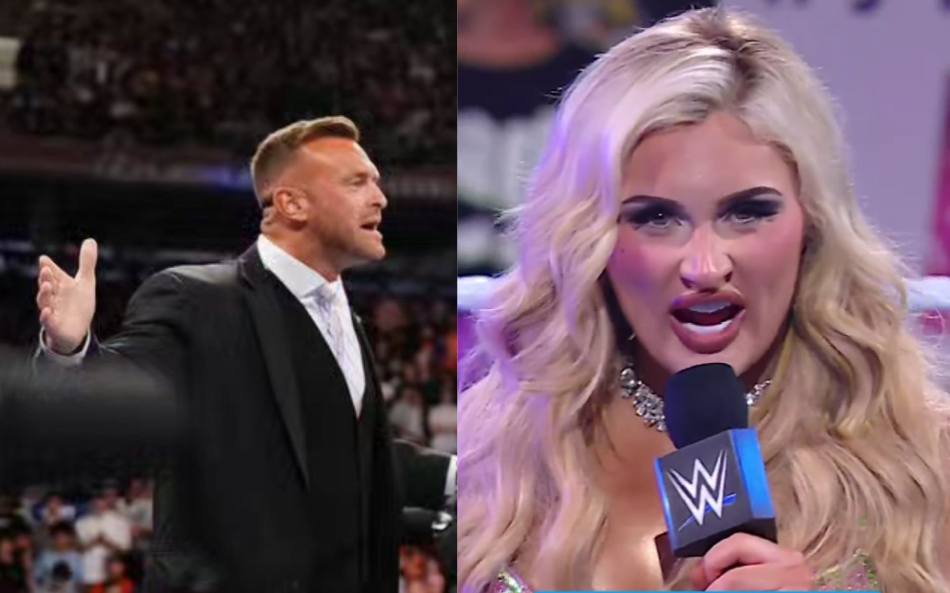 (Left) Nick Aldis during a WWE show; (Right) Tiffany Strattton on SmackDown after MITB (Credit: WWE Instagram &amp; Nick Aldis Instagram) 