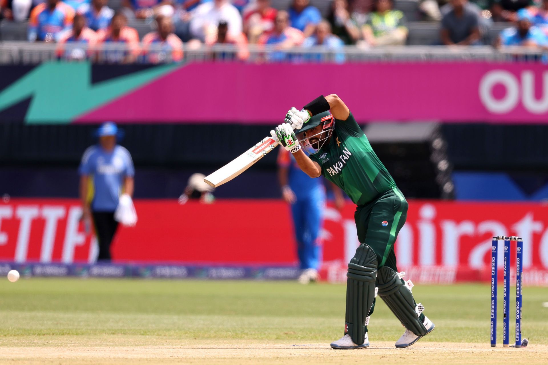 Babar Azam of Pakistan bats during the ICC Men&#039;s T20 Cricket World Cup West Indies &amp; USA 2024 match between India and Pakistan at Nassau County International Cricket Stadium on June 09, 2024 in New York, New York. (Photo by Robert Cianflone/Getty Images)