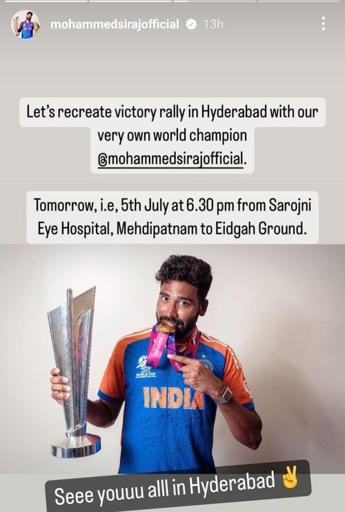 Mohammed Siraj calls fans to join his personal victory rally on July 5 in Hyderabad (Image via Instagram/@mohammedsirajofficial)