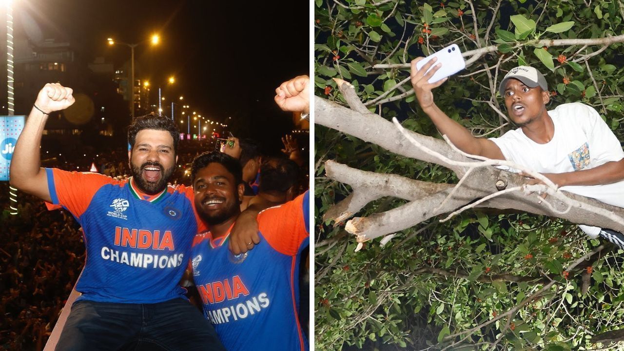 टीम इंडिया की विक्ट्री परेड के दौरान पेड़ पर चढ़ा युवक (Photo Credit -insta/indiancricketteam/@rohanduaT02)