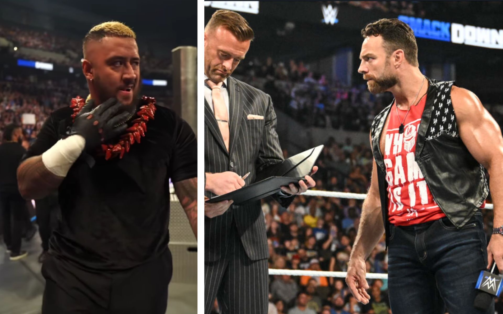 (L) Solo Sikoa admiring his destruction on SmackDown (R) Nick Aldis &amp; LA Knight