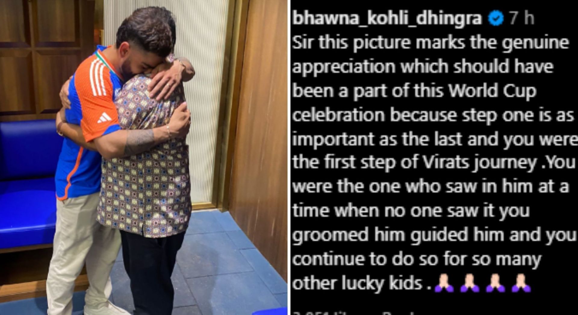 Virat Kohli and Rajkumar Sharma embracing each other. [Pic credits: @rajkumarcricket/Instagram]