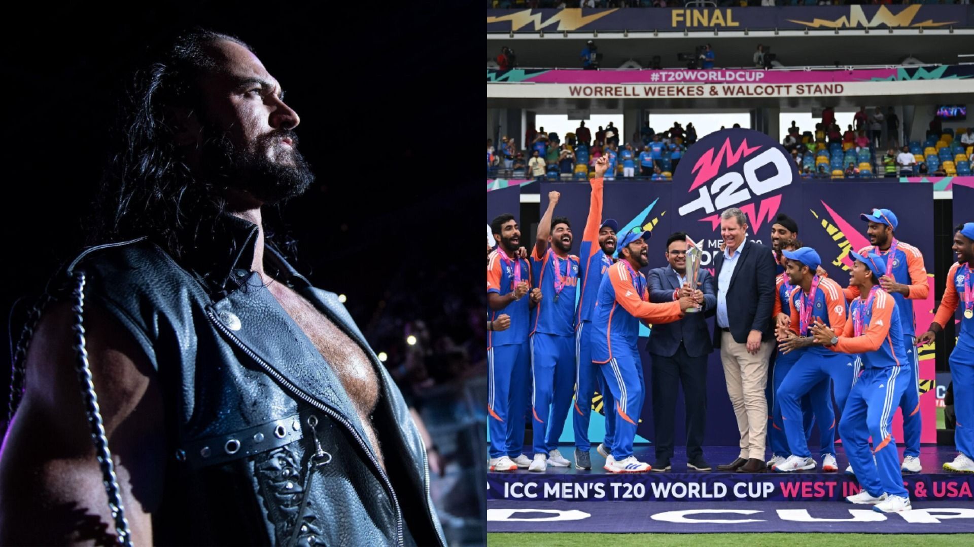 WWE सुपरस्टार ड्रू मैकइंटायर ने भारतीय टीम को जीत की दी बधाई (Photos: WWE.com and BCCI/X)