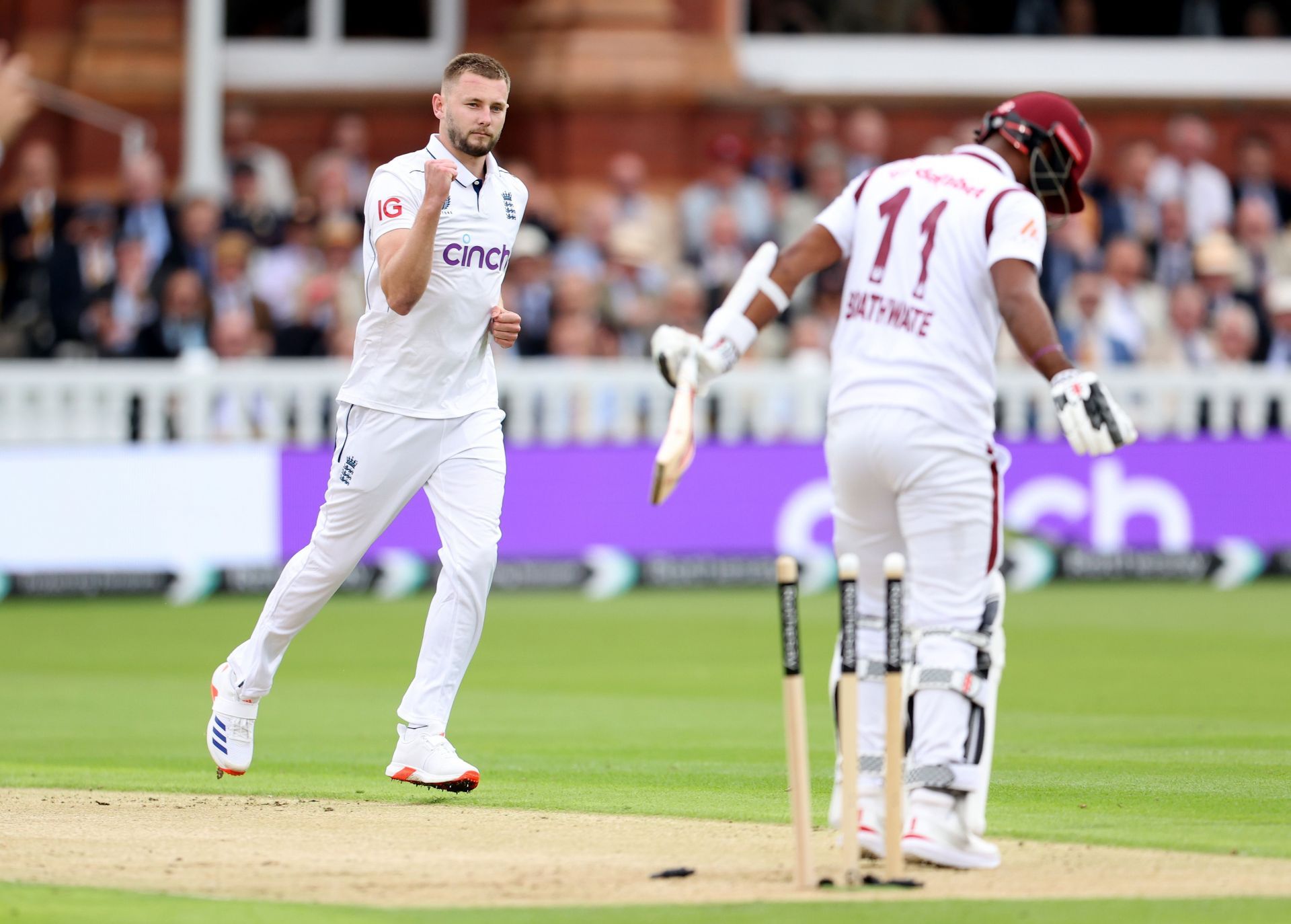 Gus Atkinson celebrates picking his maiden Test wicket at the Lord&#039;s.